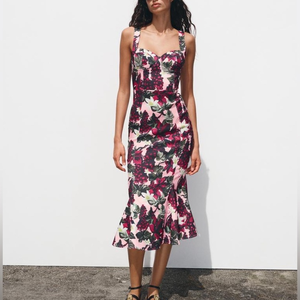 Zara Godet Midi Grape Floral Dress